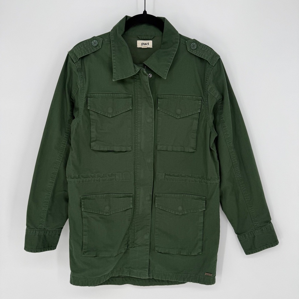 PACT ORGANIC COTTON FIELD TWILL SAFARI JACKET FOREST GREEN SMALL UTILITY CARGO